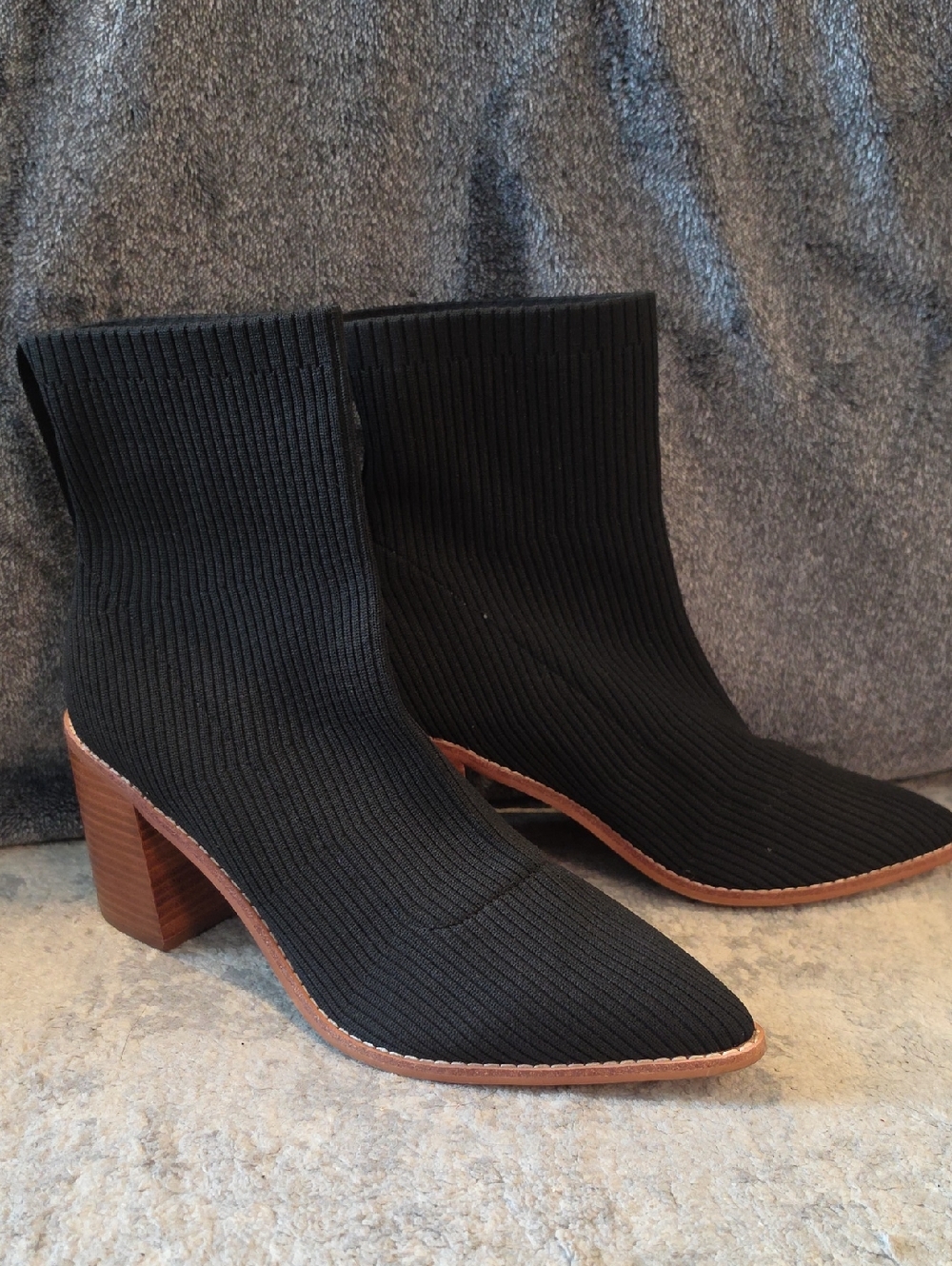 Steven by Steve Madden Black Ribbed Sock Booties with Wooden Block Heel